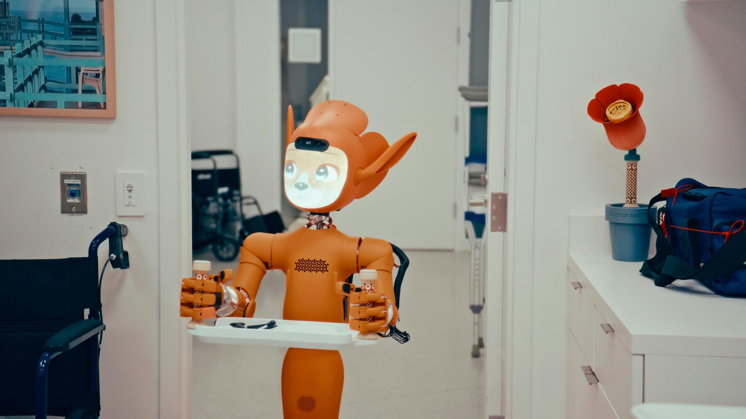 A robot walking into the classroom