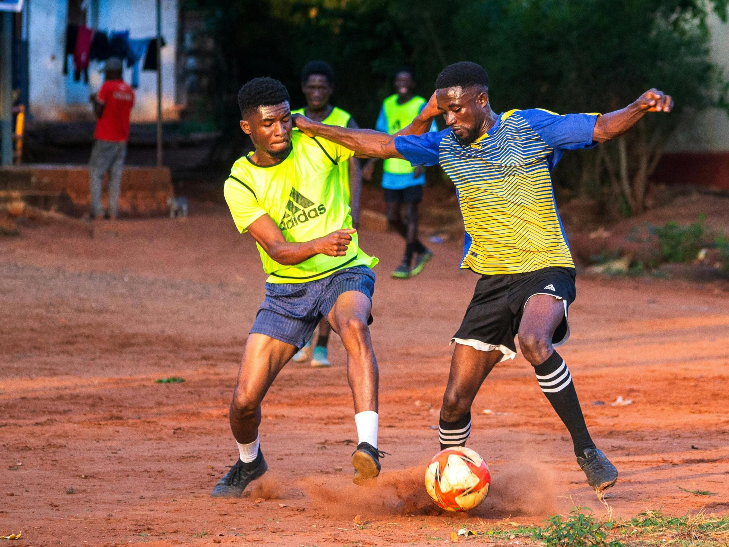 Young soccer players fight for the ball.