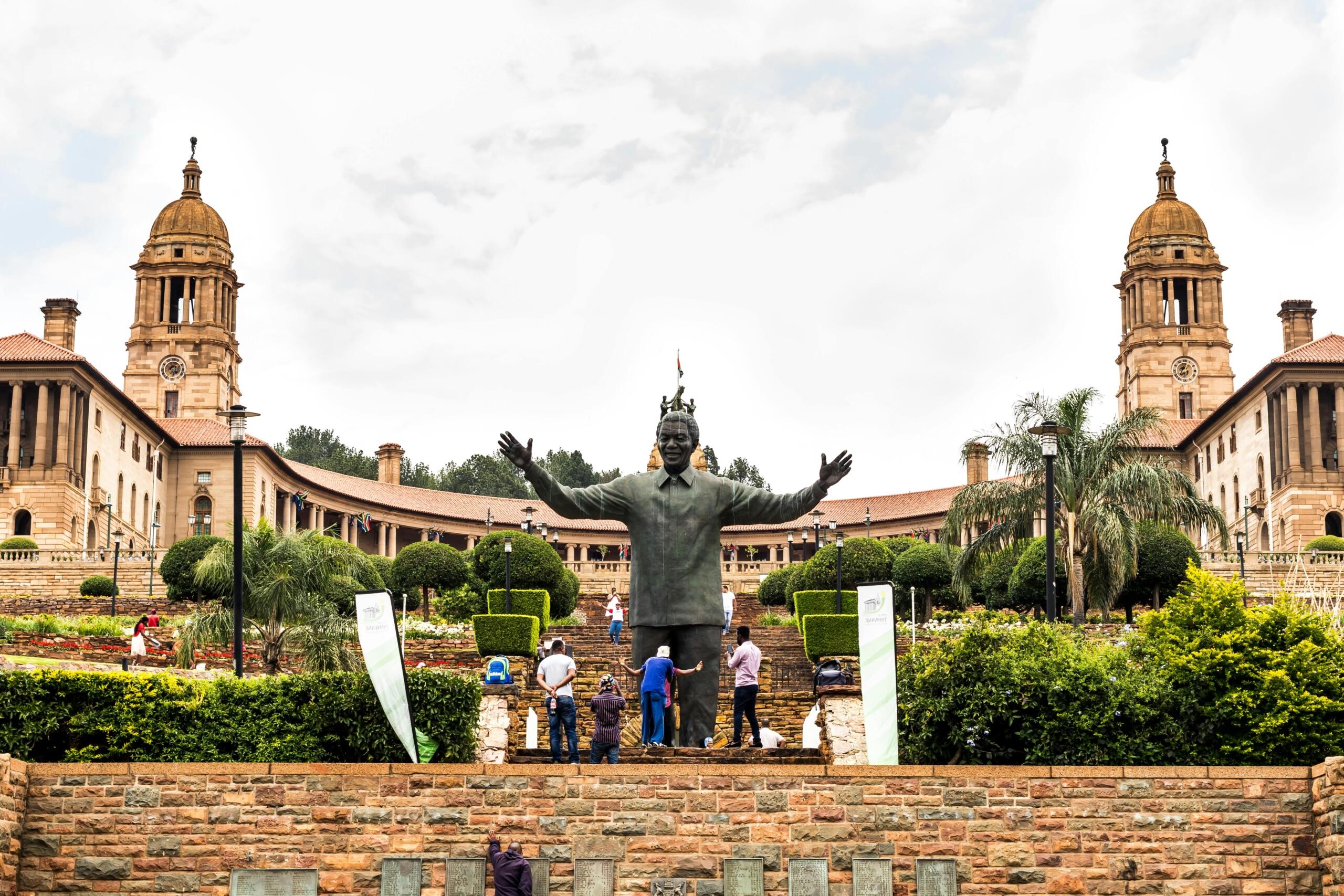 An image of a statue of Mandela outside the Union Buildings in Pretoria.