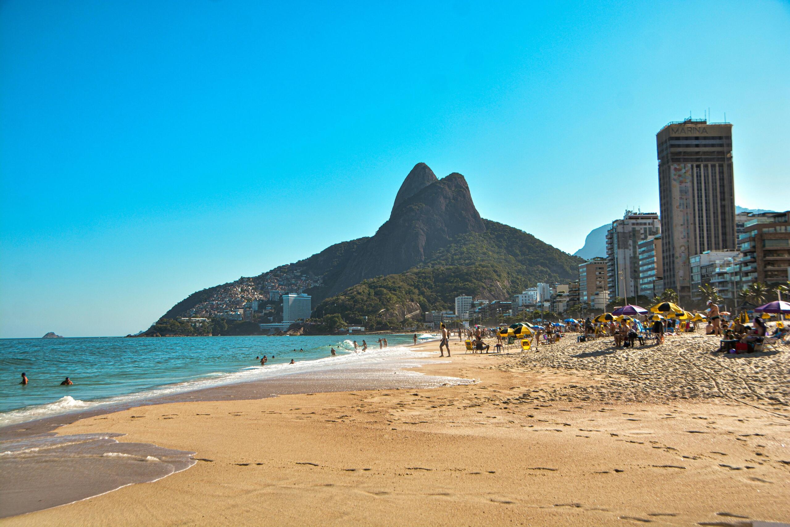 An image of a beach and Sugar Loaf Mountain in Rio de Janeiro.