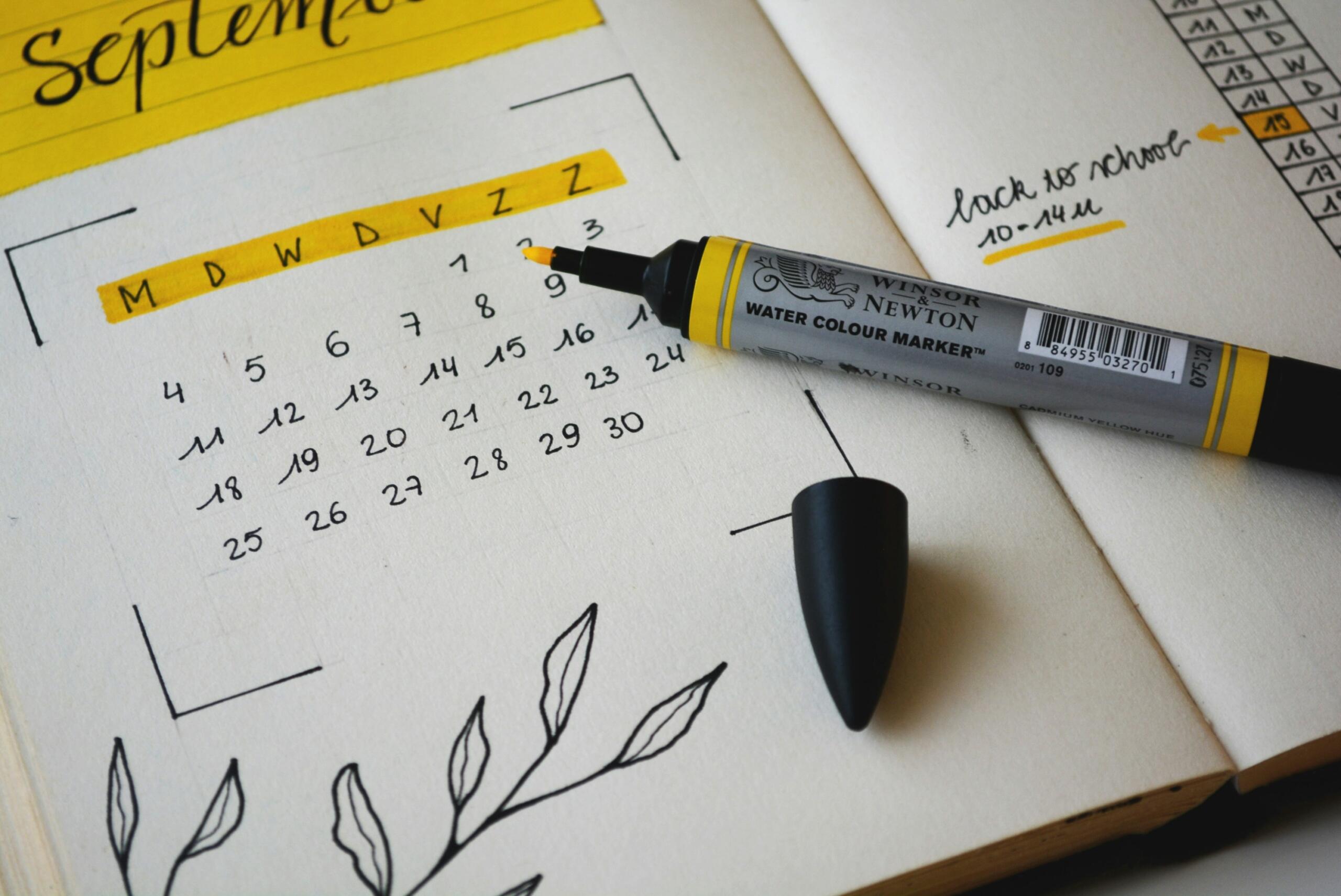An image of a calendar marked up with a yellow highlighter.