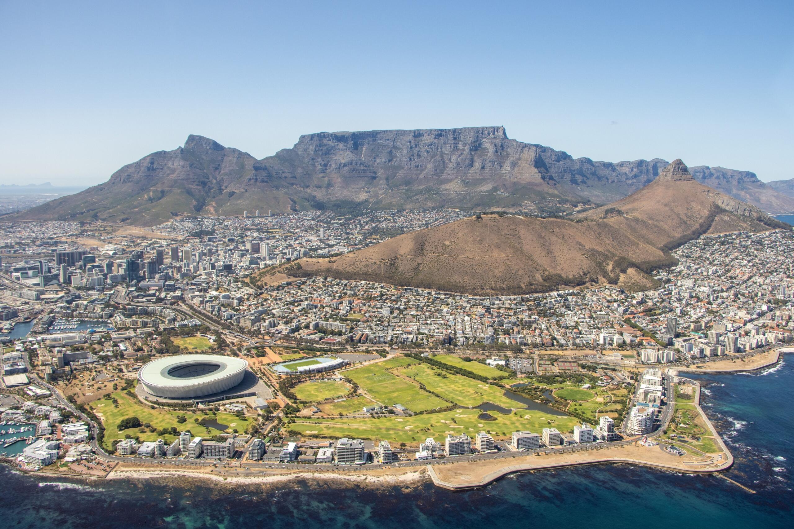 An aerial view of Table Mountain and the Cape Town City Bowl.