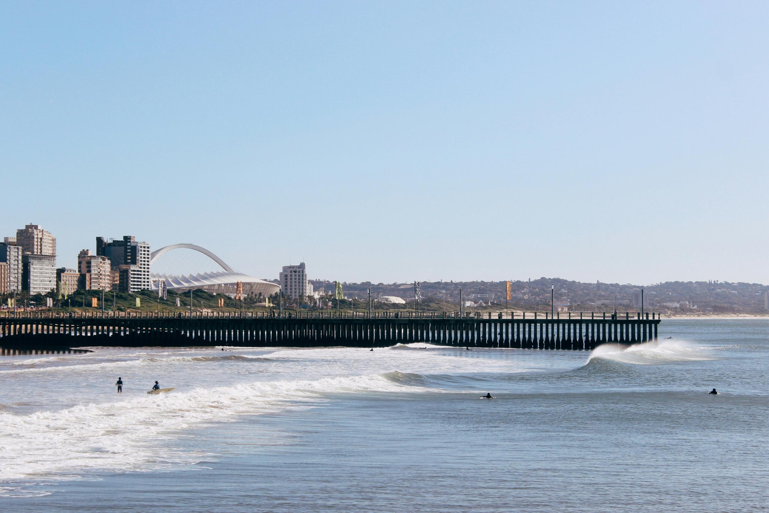 An image of the Durban coastline, city and stadium.