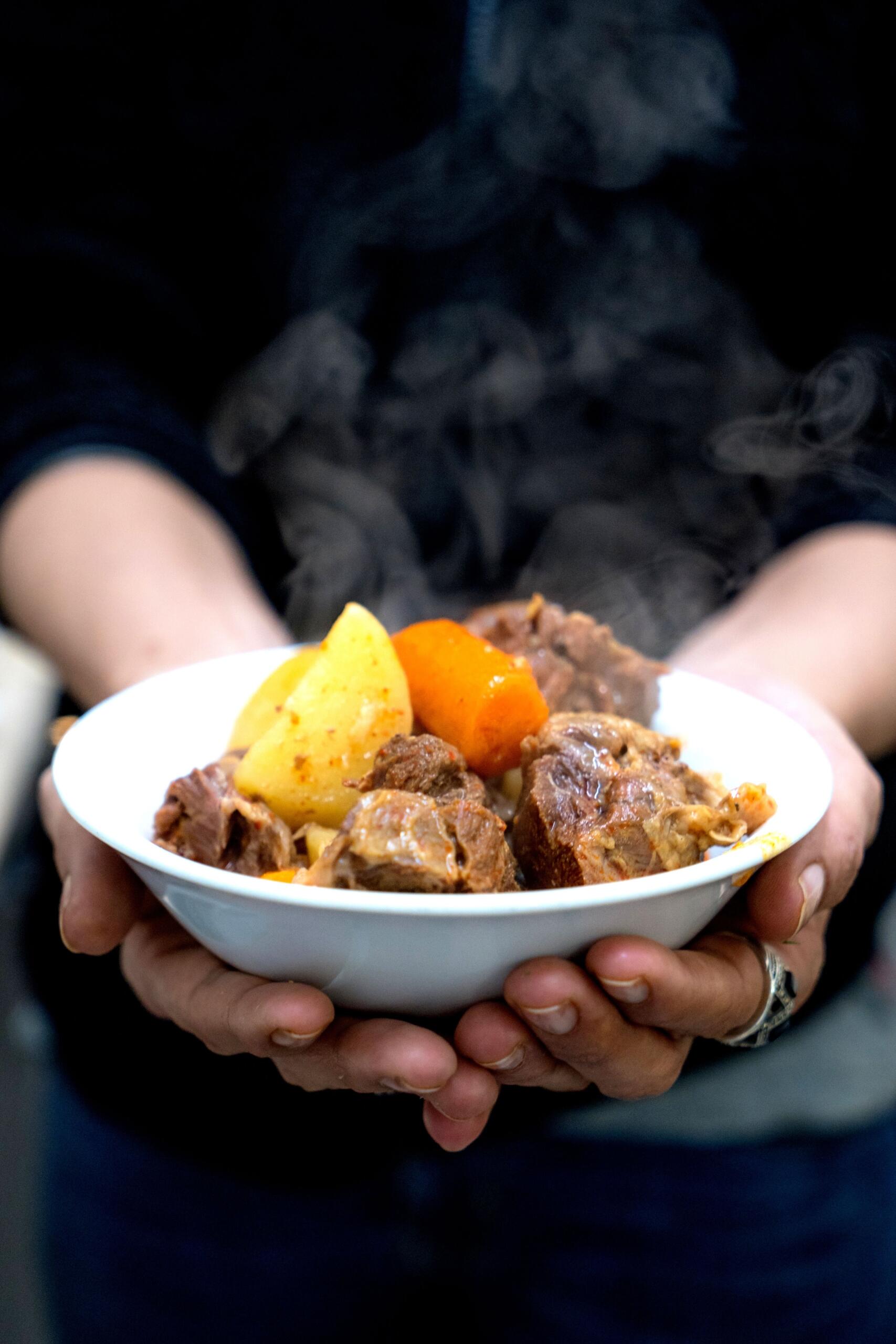 An image of a pair of hands holding a steaming bowl of meaty stew.