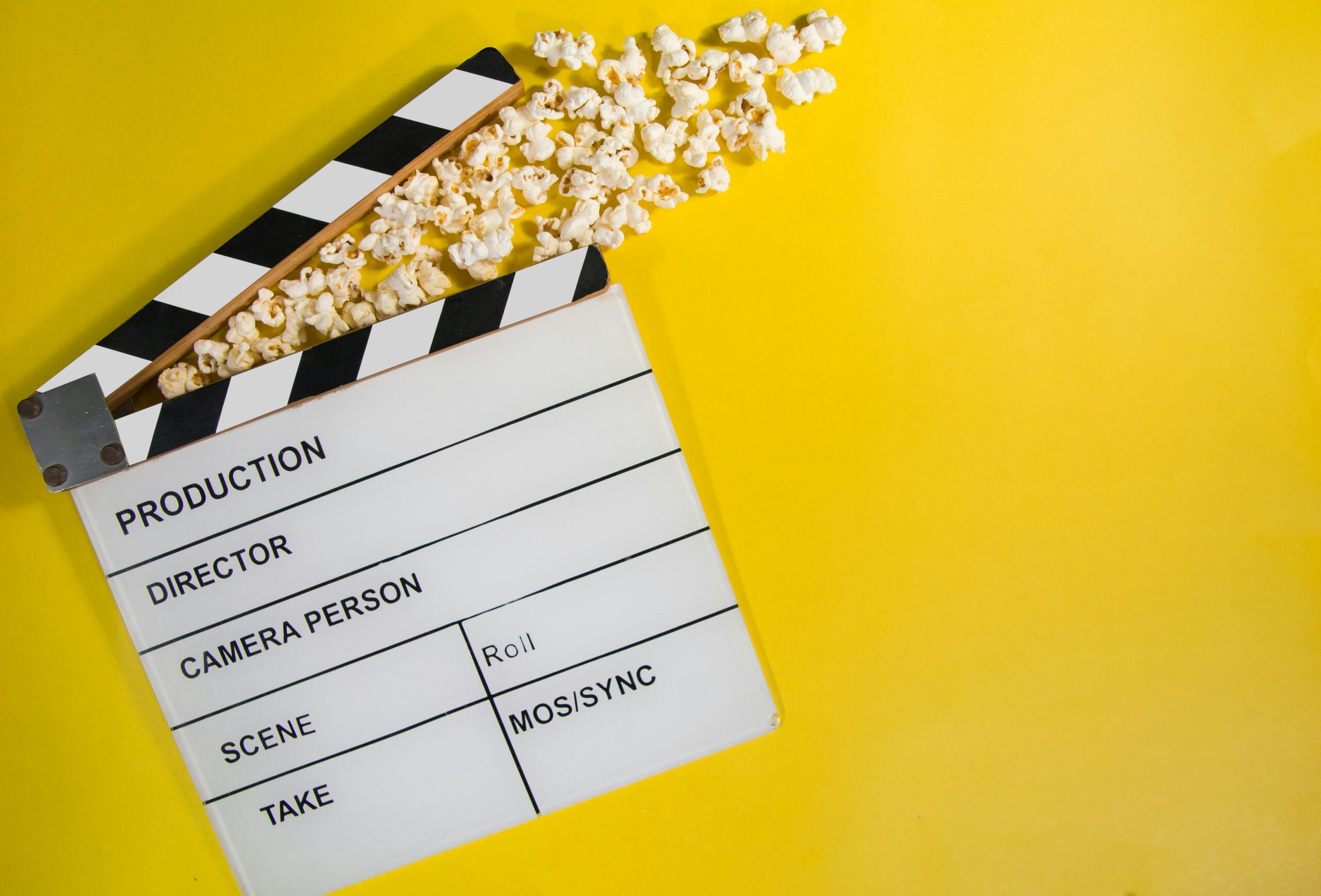 Film clapperboard representing Hollywood film production.
