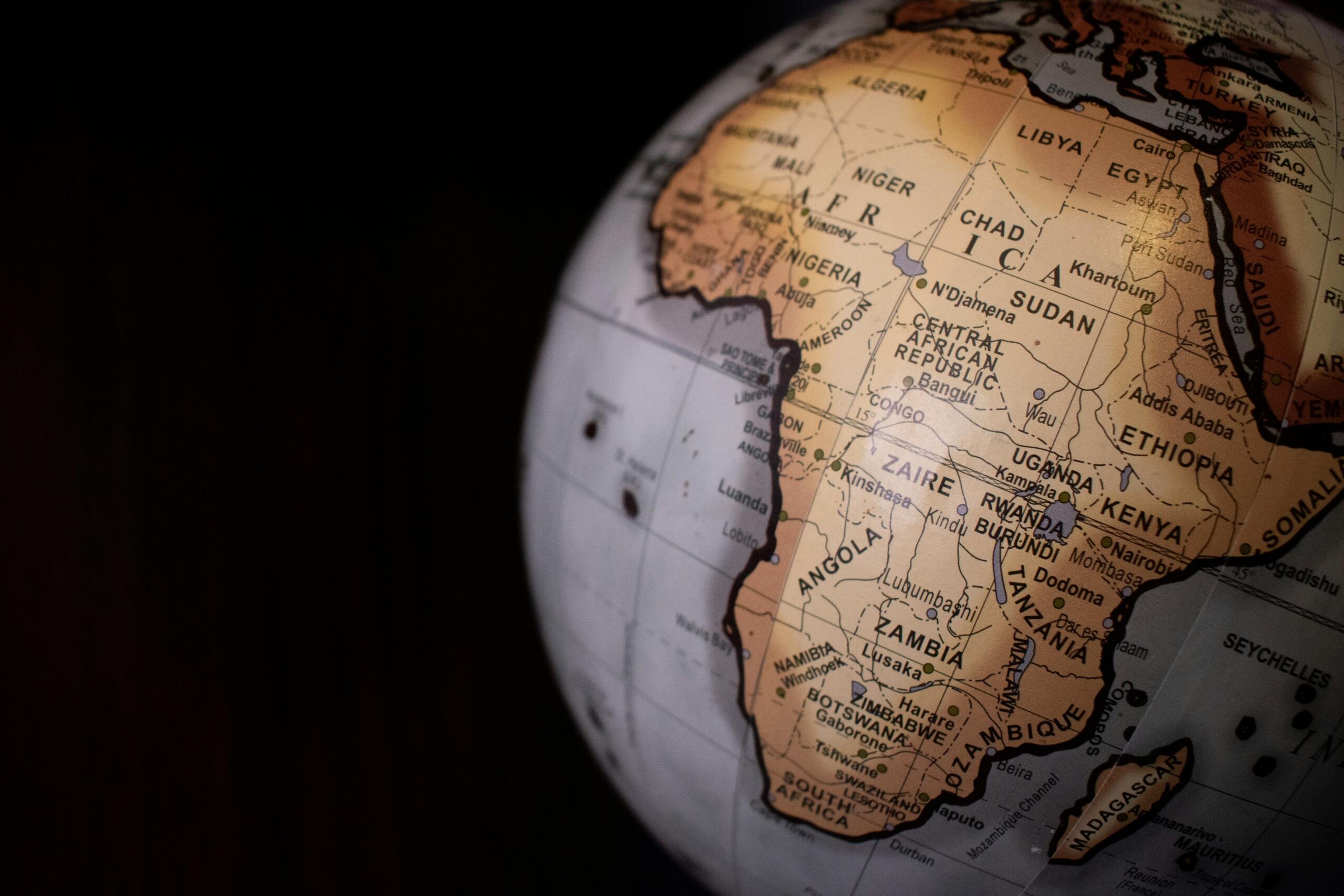 Globe showing Africa, including South Africa and other African countries.