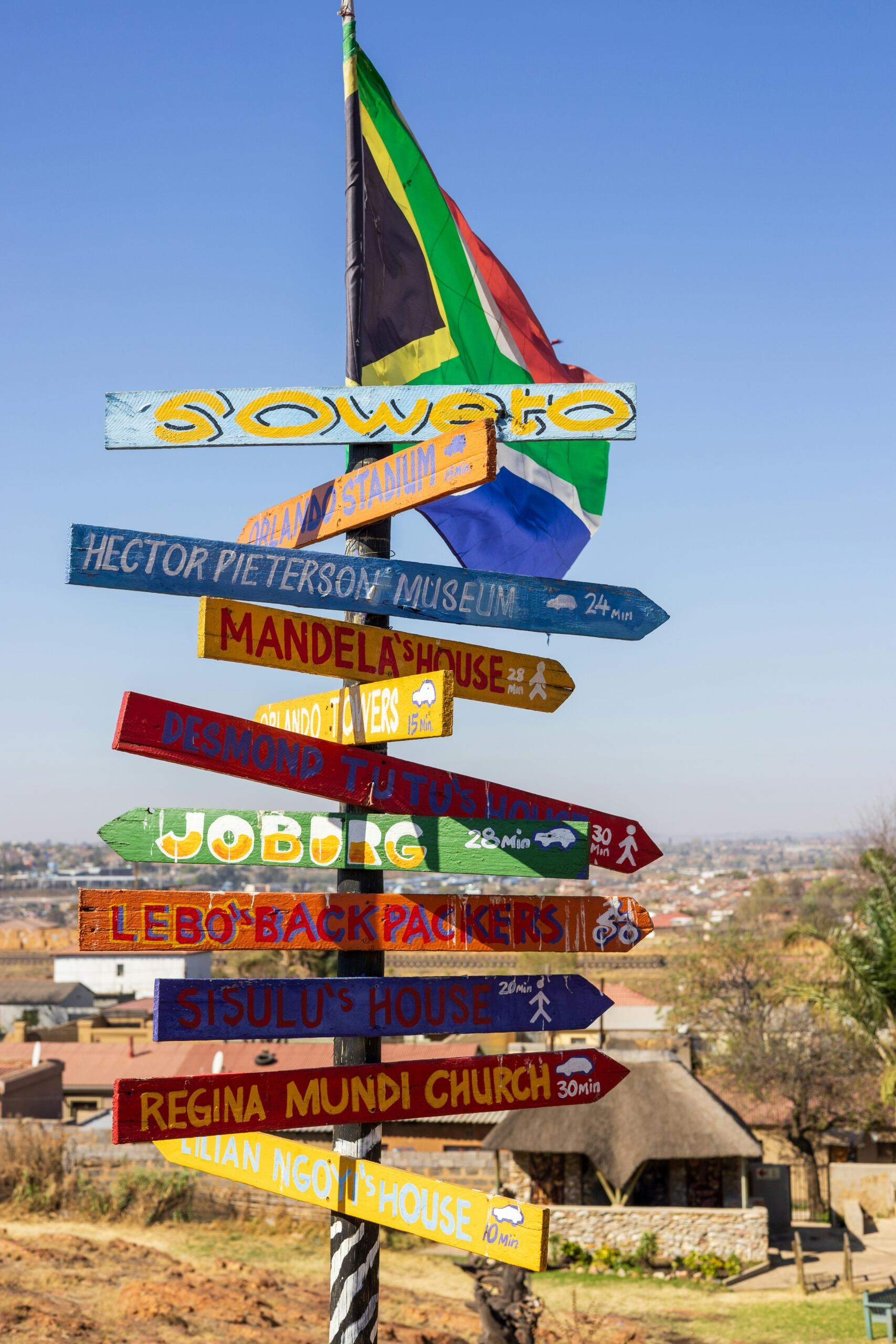 South African flag and colourful signposts pointing to landmarks in Soweto, including Vilakazi Street, Hector Pieterson Museum and Mandela House.
