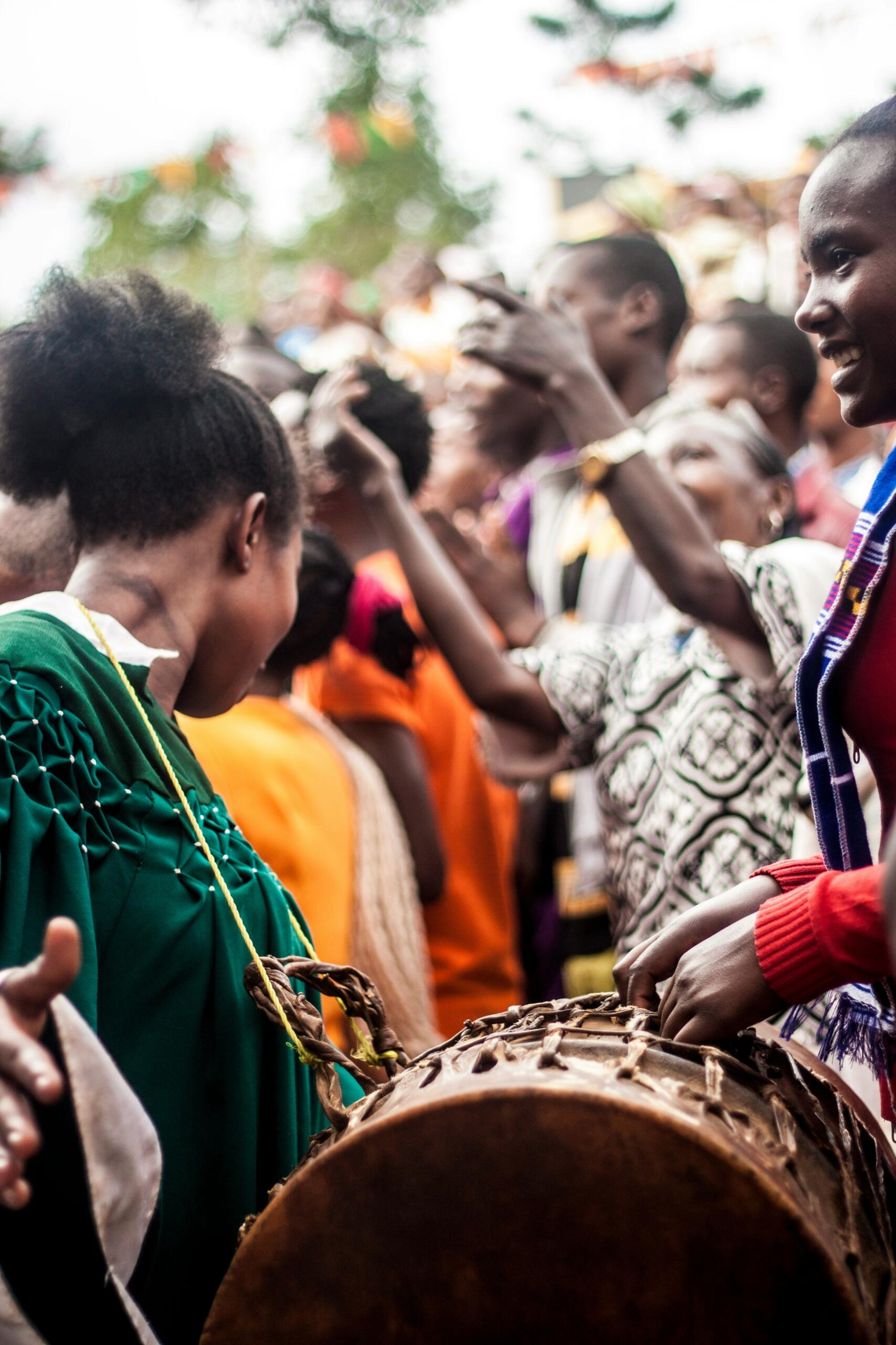 An image of African praise singers in the throes of worship.