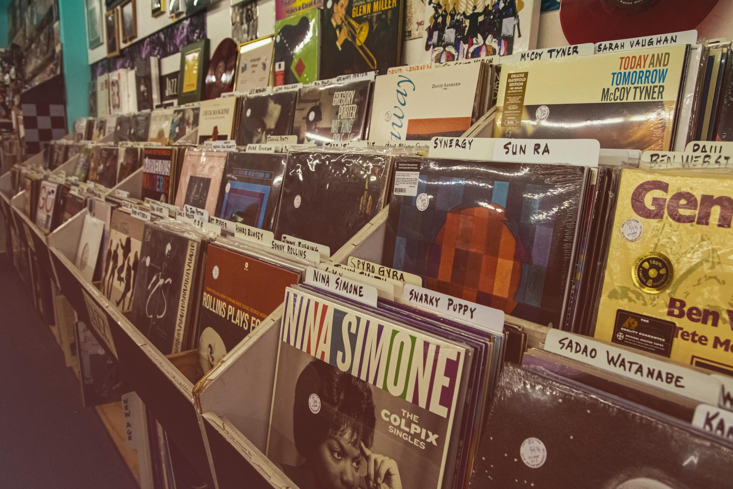 An image rows of vinyls neatly displayed for sale.