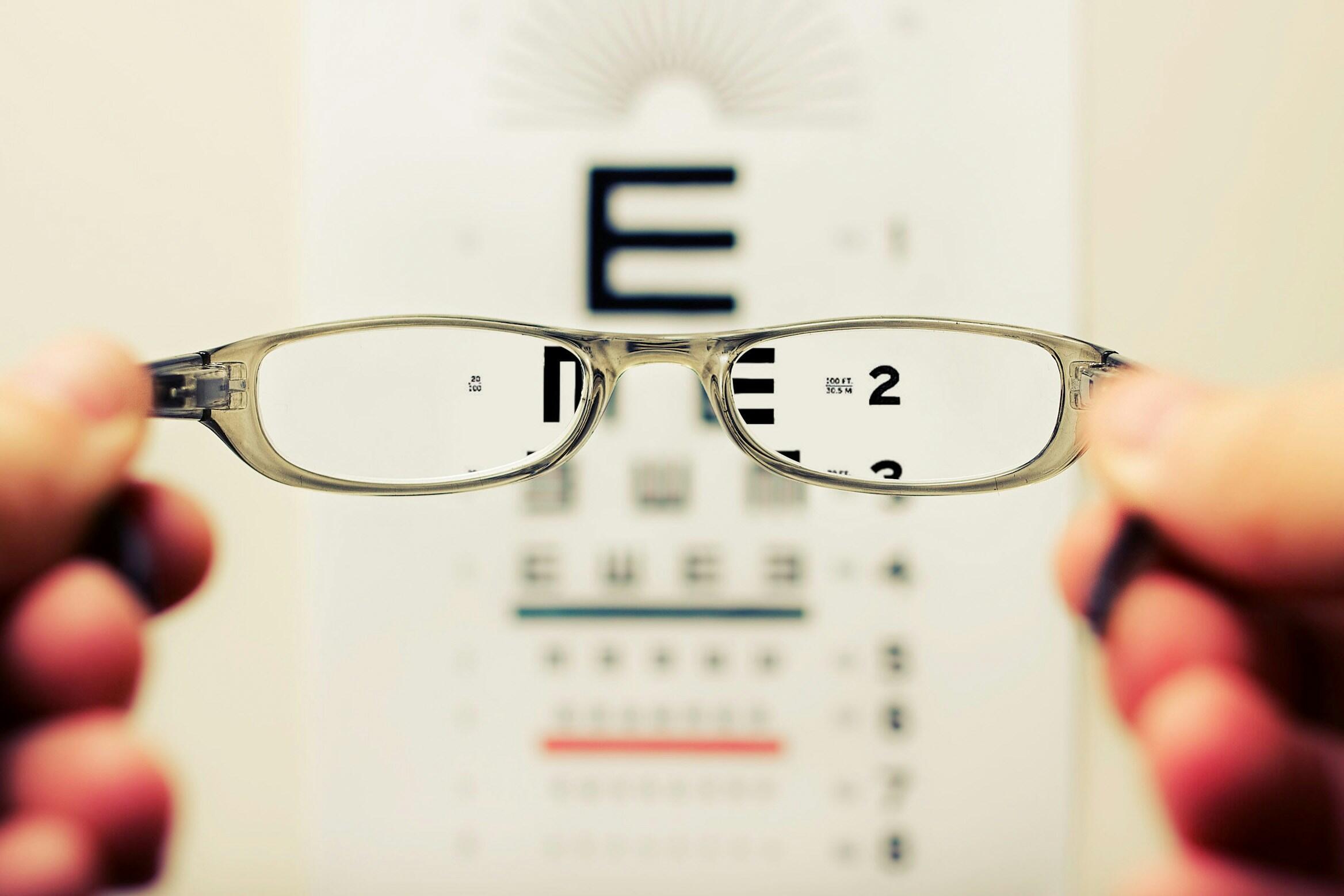 An image of an eye test chart viewed through glasses.